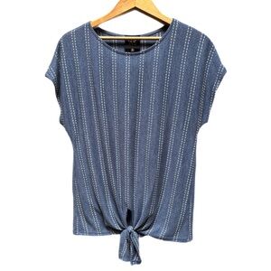 Cap Sleeve Tie Waist Women’s Top Blue & White Dotted Stripes Comfy Knit T Shirt